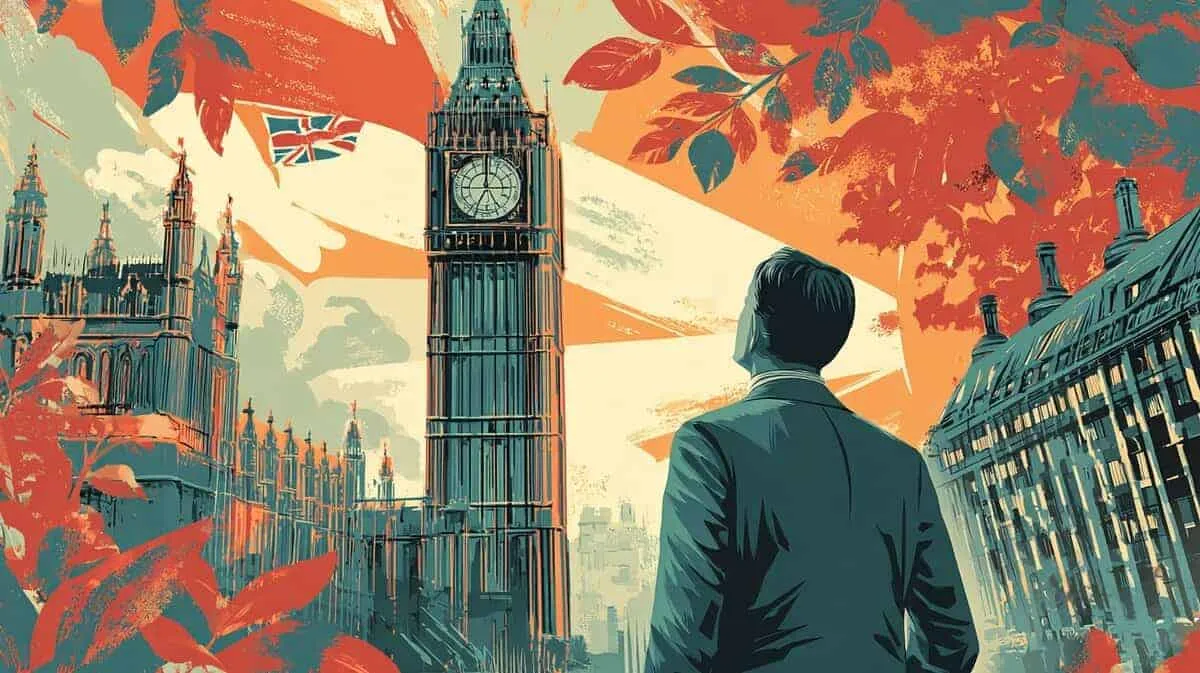 A man in a suit looks at Big Ben and the Houses of Parliament.