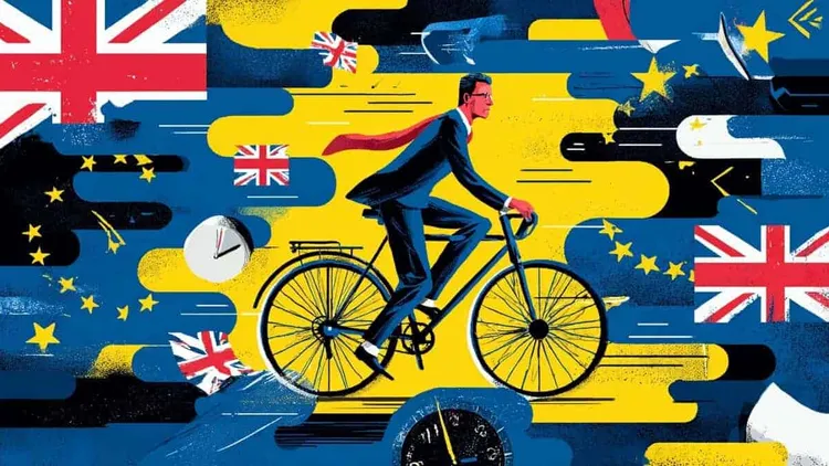 Man riding a bicycle with UK and EU flags in the background.
