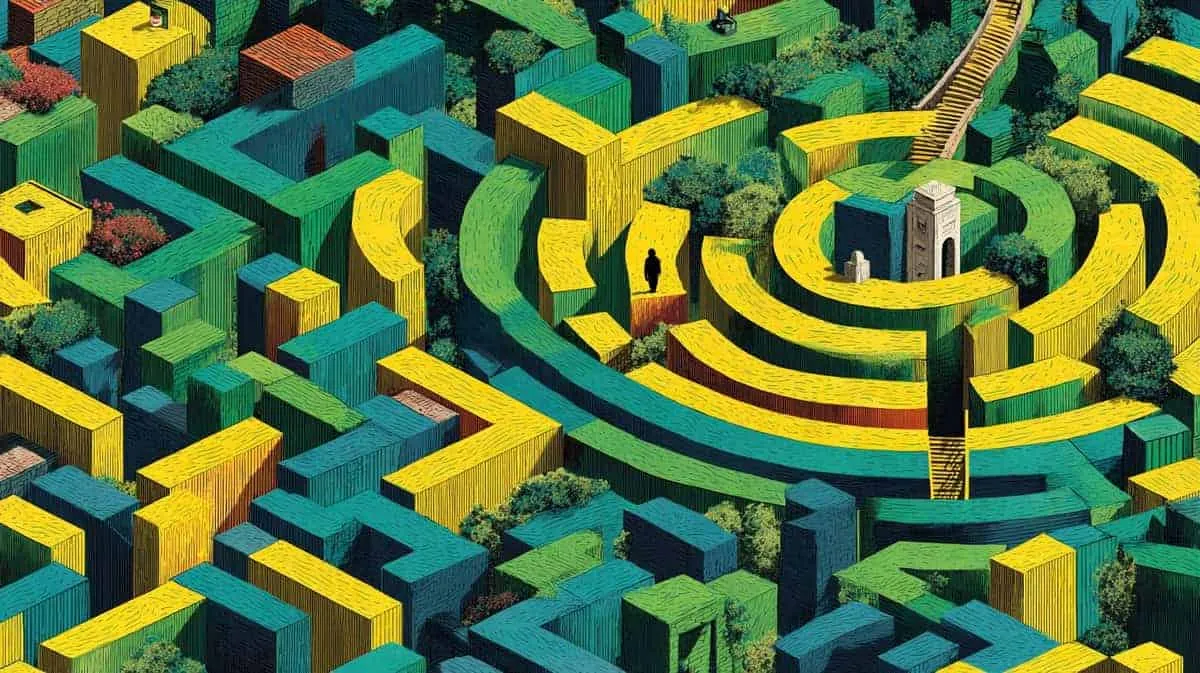 Aerial view of a colourful maze with a central tower and pathways.
