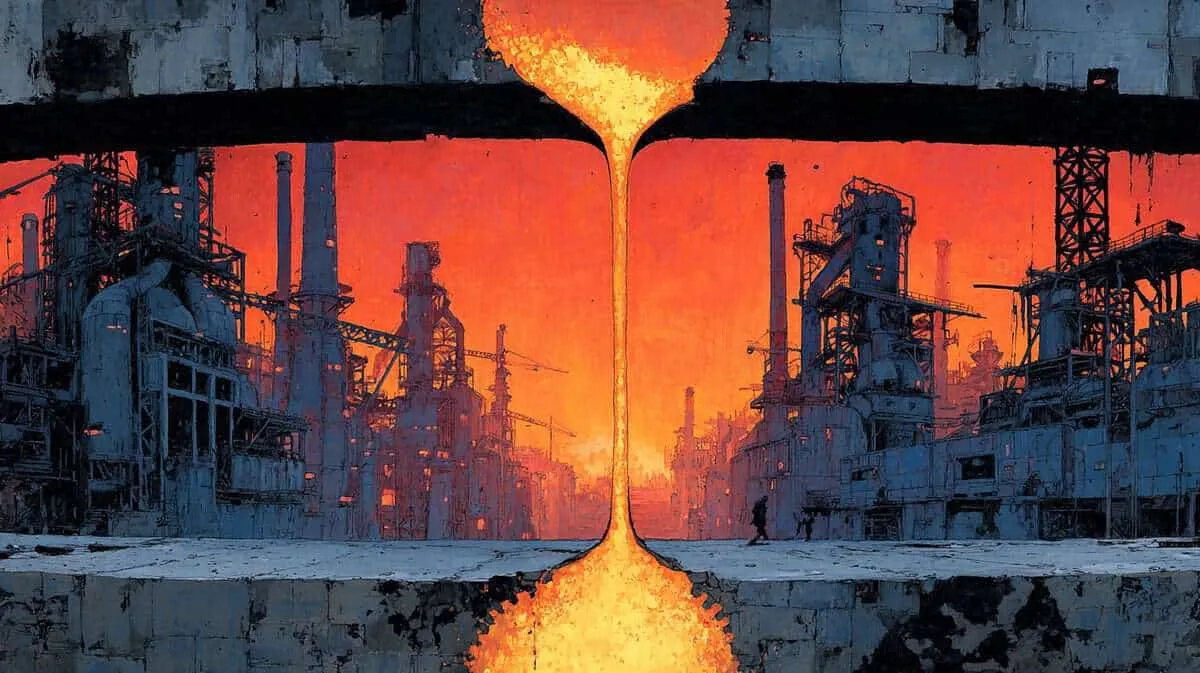 Industrial furnace at sunset, fiery glow and factory silhouette.