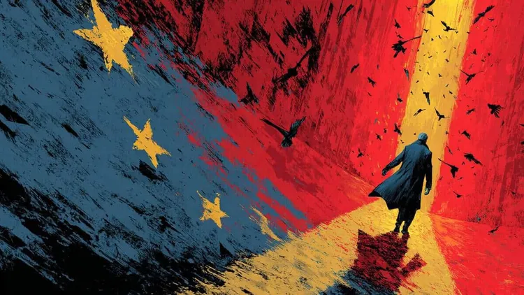 Abstract illustration of EU and US flags with a man walking away.