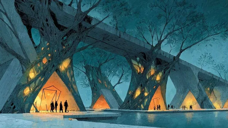 Futuristic bridge with trees and people, Social Europe.
