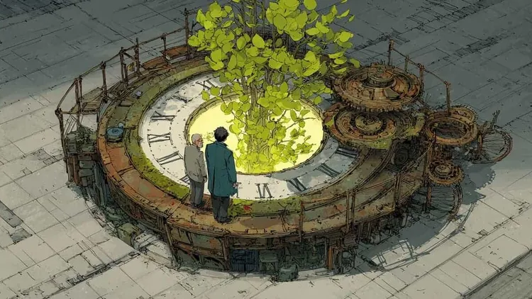 Two men in suits observe a clock with a tree growing in the centre.