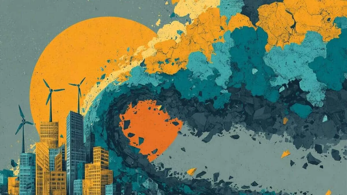 Abstract illustration of climate change with wind turbines and cityscape.
