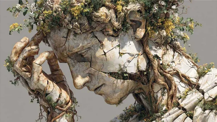 Sculpture of a contemplative face with plant growth, Social Europe.