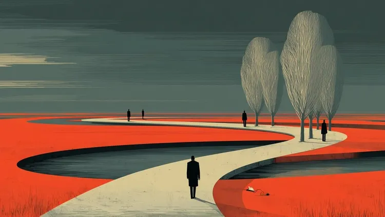 Stylised landscape with winding path and trees, social Europe.