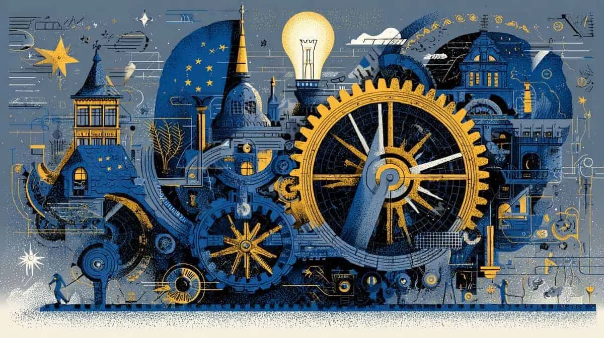 Intricate blue and gold mechanical clockwork with gears and cogs.