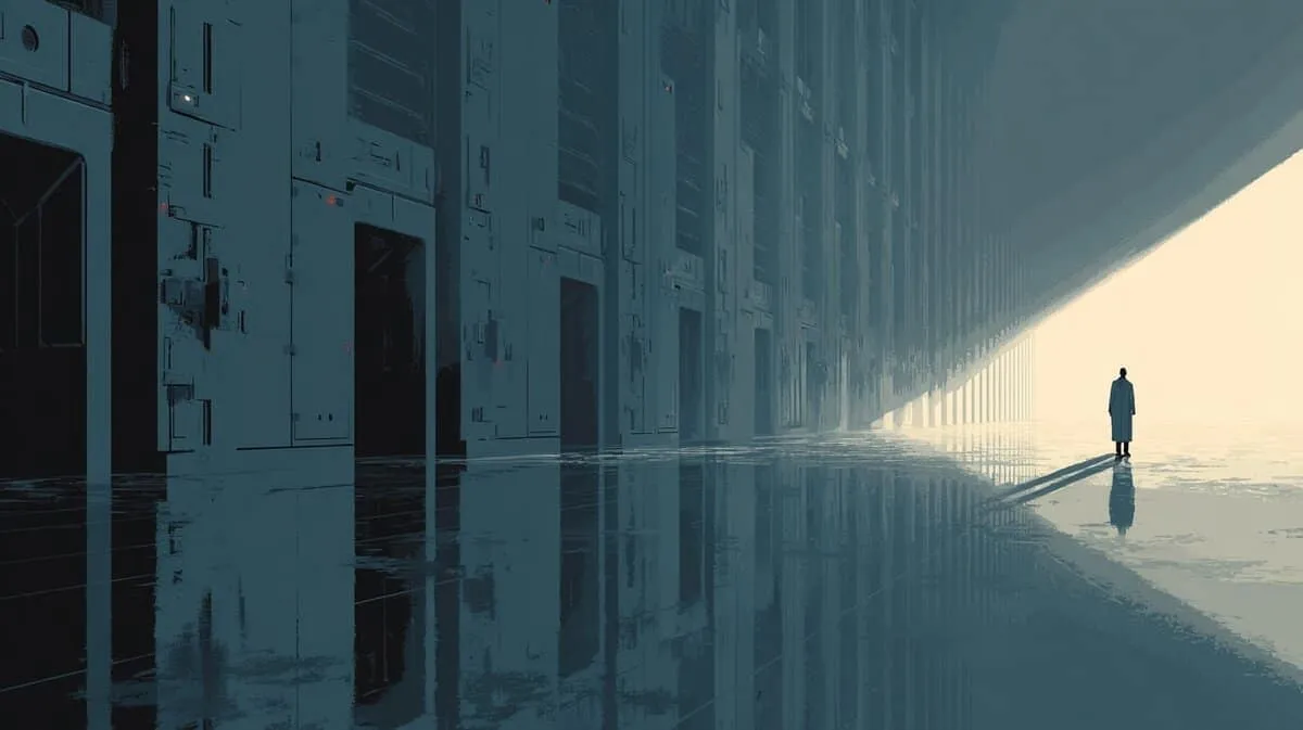 Futuristic cityscape with a solitary figure.