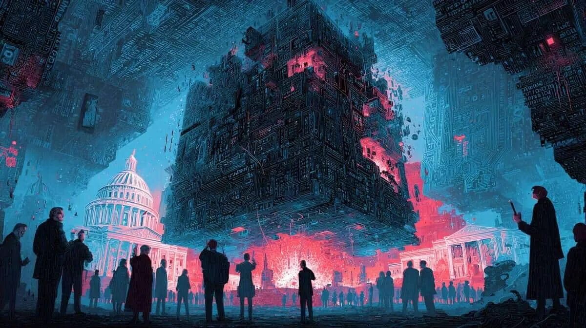 Futuristic cityscape with digital and neon elements, people observing the scene.