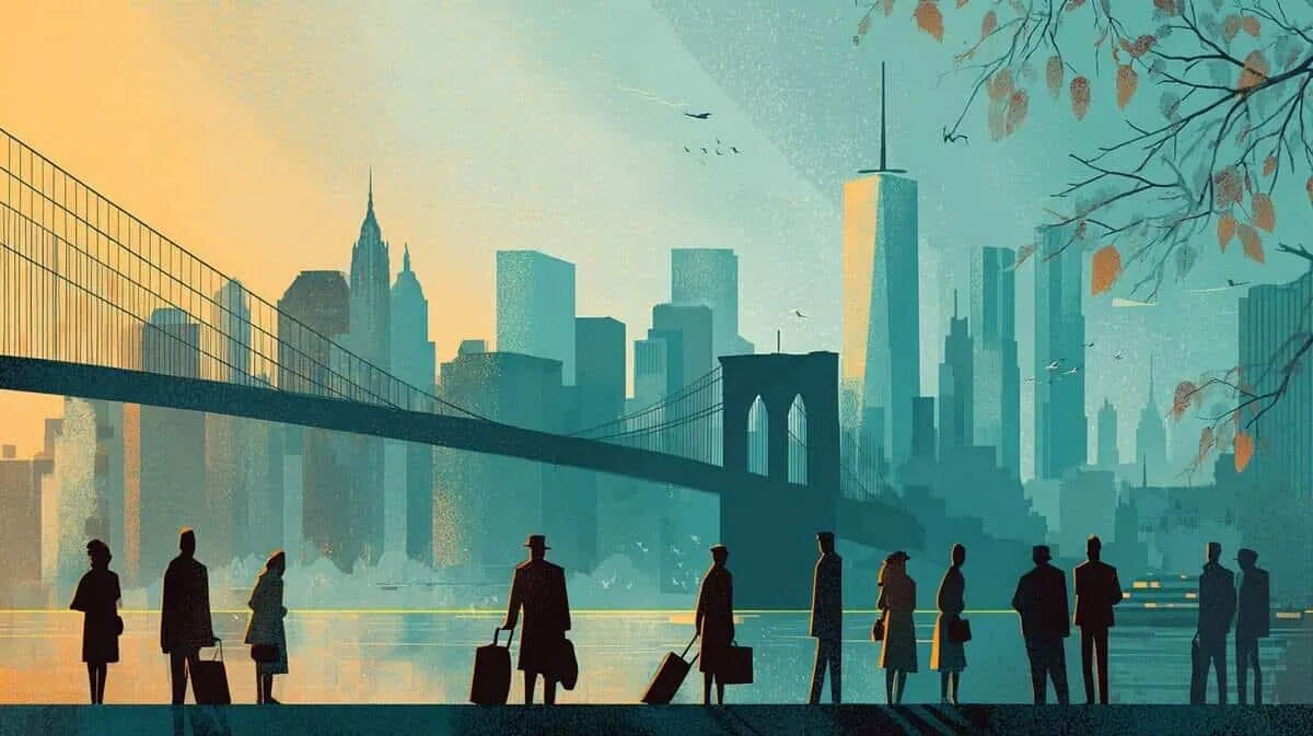 New York City skyline at sunset with people walking along the riverbank.
