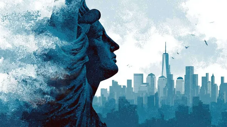 Statue of Liberty and New York City skyline.