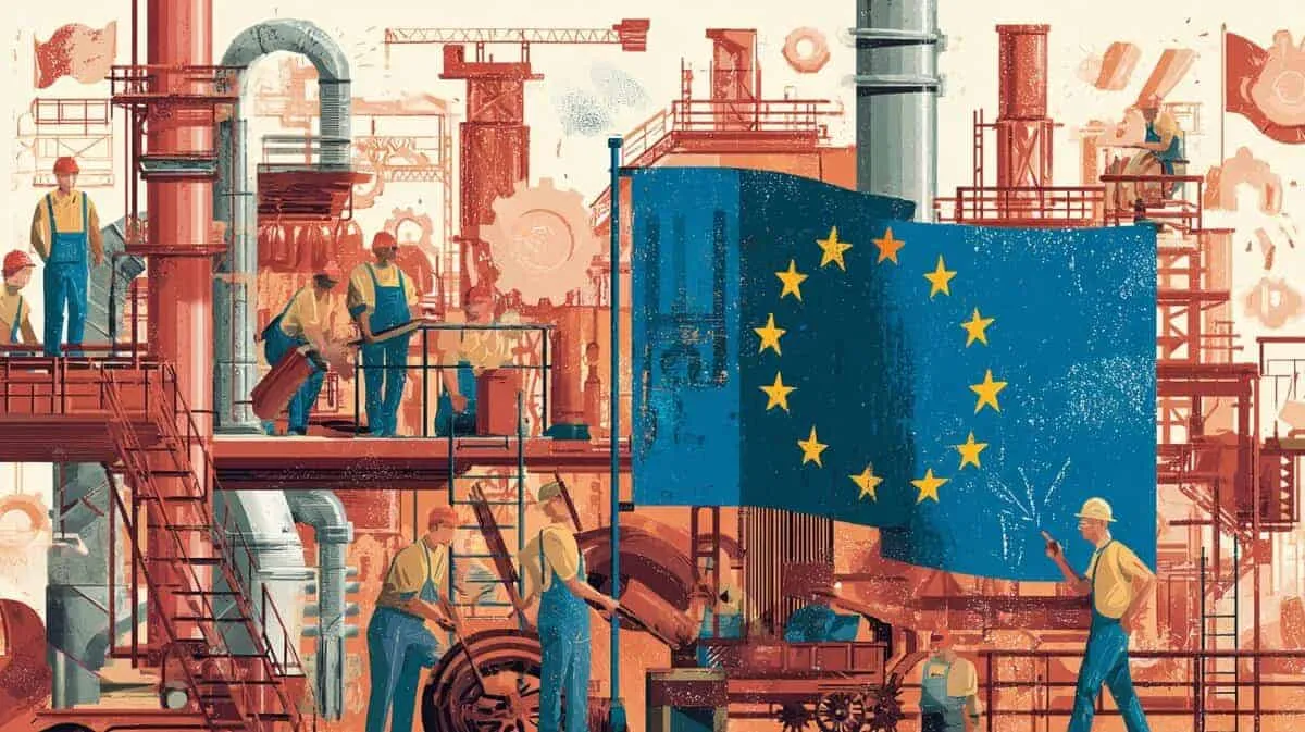 Workers at an industrial site with EU flag, European economy focus.