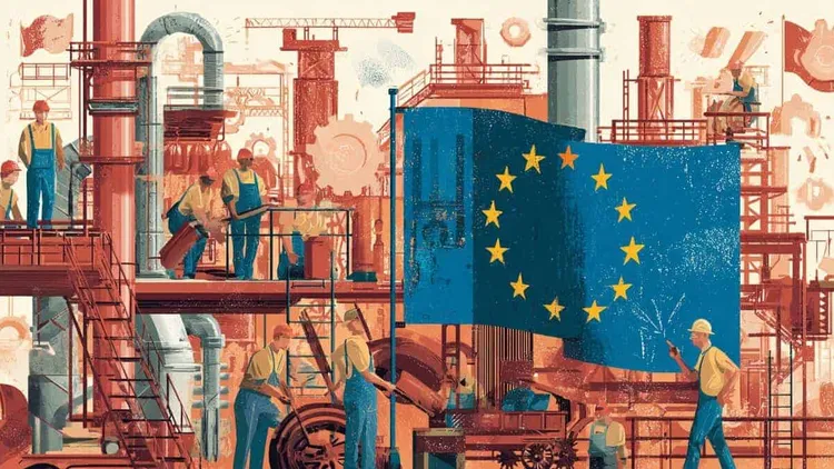Workers at an industrial site with EU flag, European economy focus.