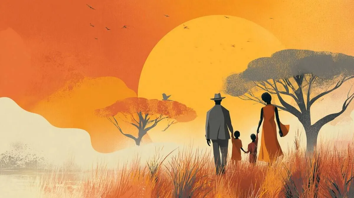 Family walking at sunset in an African savannah.
