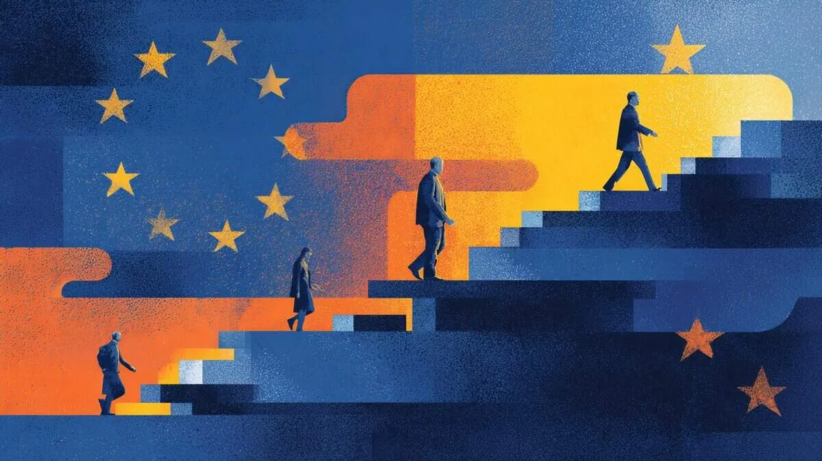 European Union flag with people ascending stairs, social mobility concept.