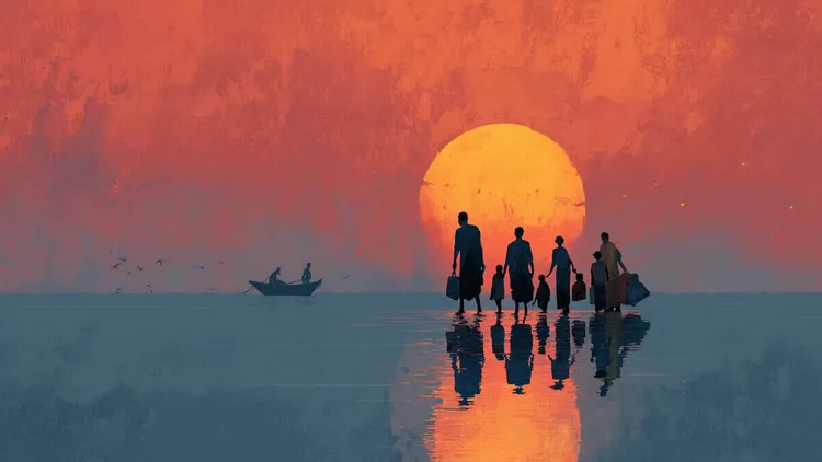 Refugees walking at sunset, Social Europe.