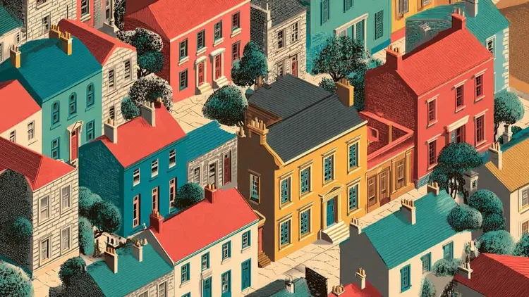 Aerial view of colourful residential houses in a neighbourhood.