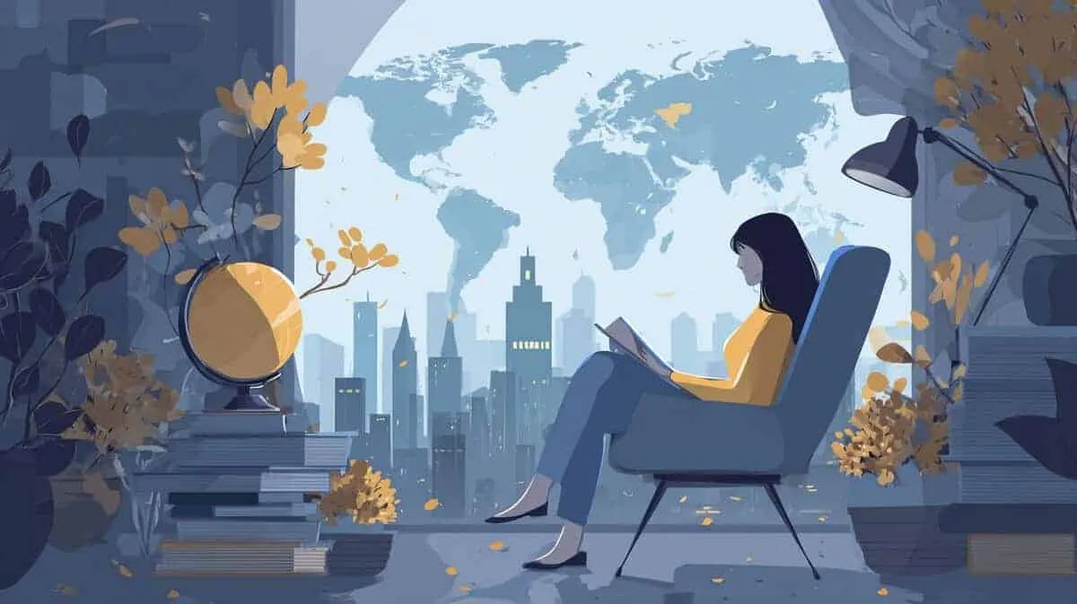 Woman reading in a city apartment with a world map background.