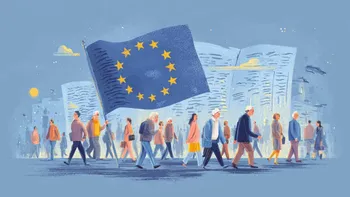 European Union flag with pedestrians.