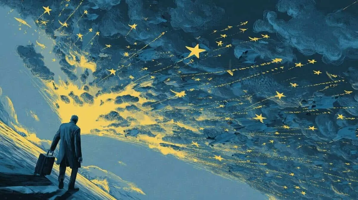 Man with a suitcase walking towards a starry sky.