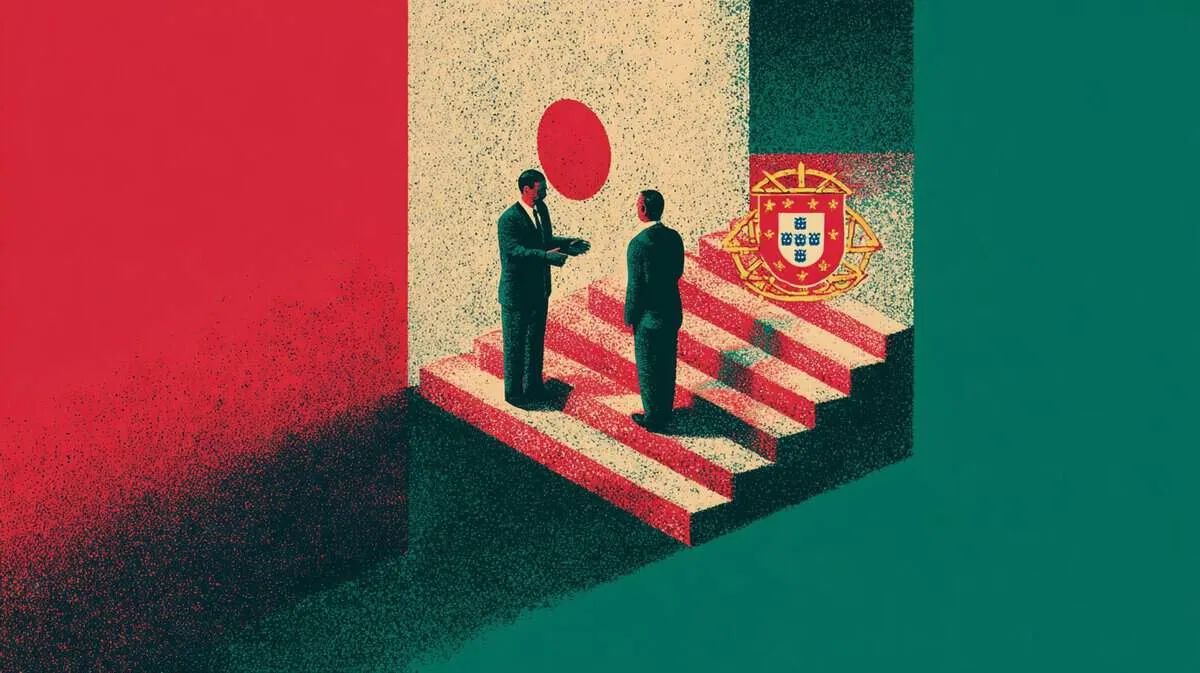 Two men in suits on stairs with Portugal flag and emblem.