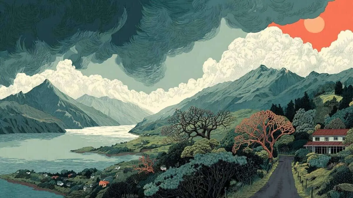 Scenic landscape with mountains, lake, and trees under cloudy sky.