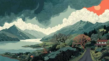 Scenic landscape with mountains, lake, and trees under cloudy sky.