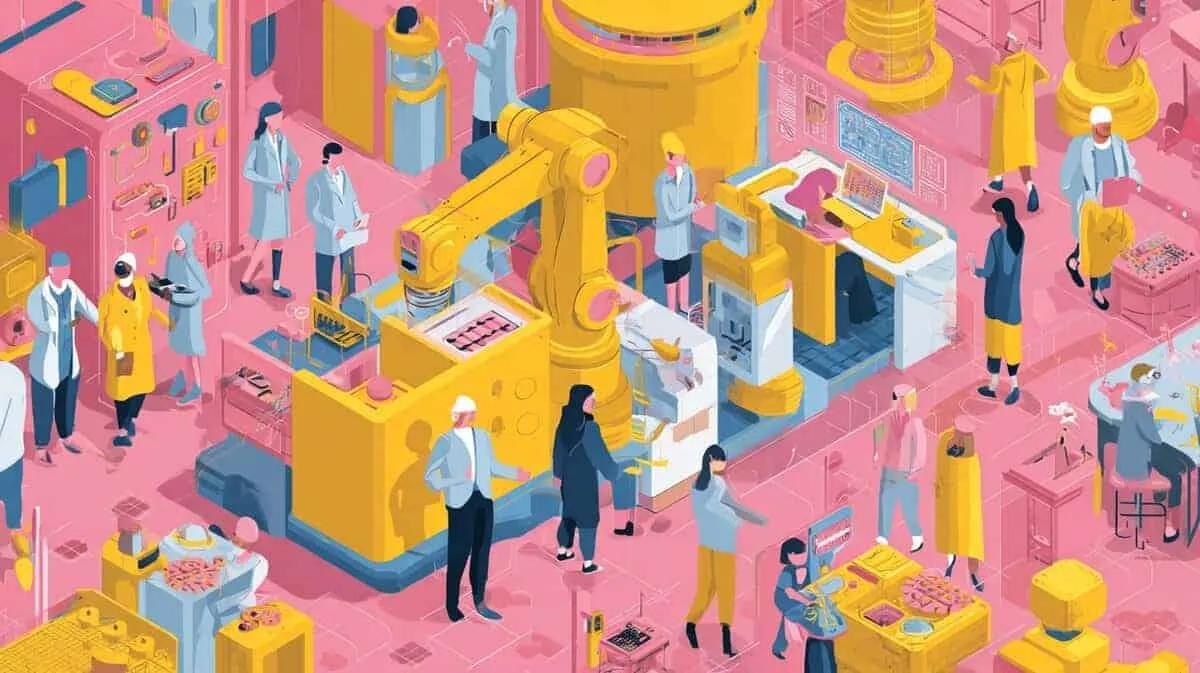 Workers and robots in a digital manufacturing factory.