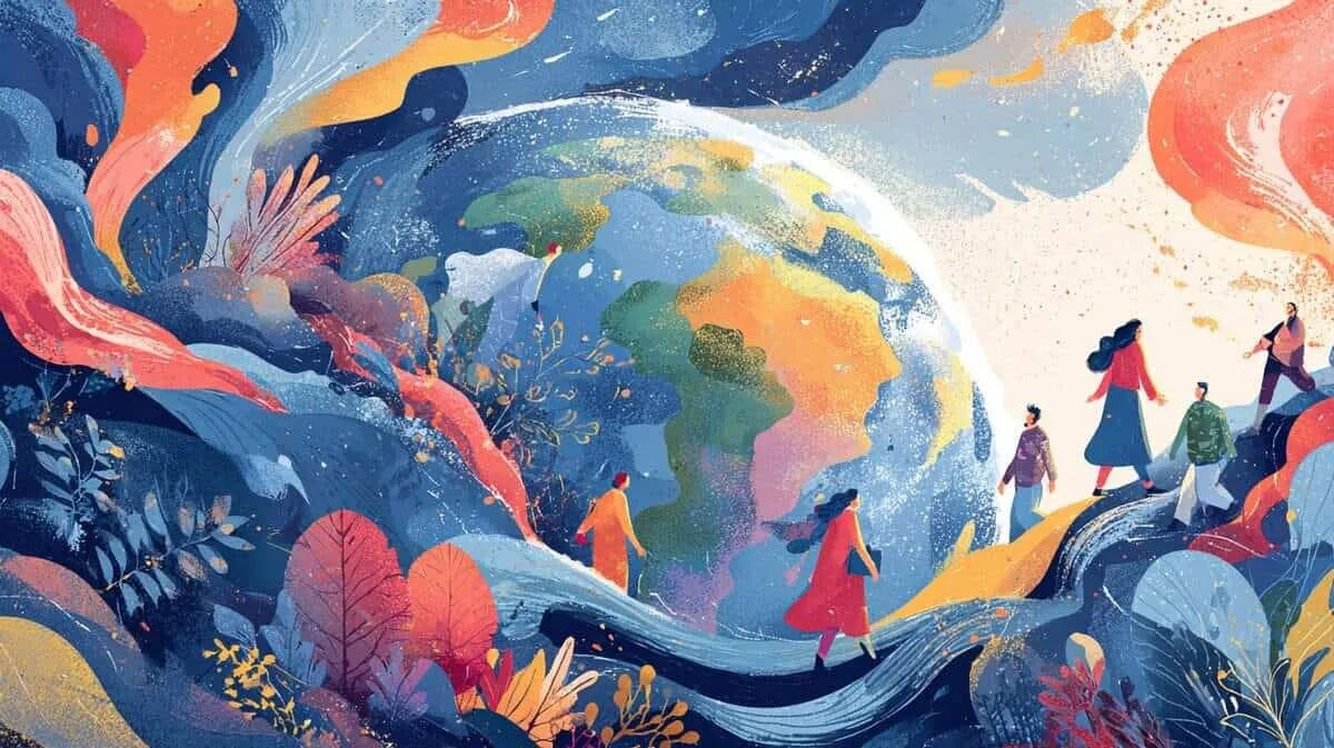 People walking around a colourful, artistic Earth illustration.