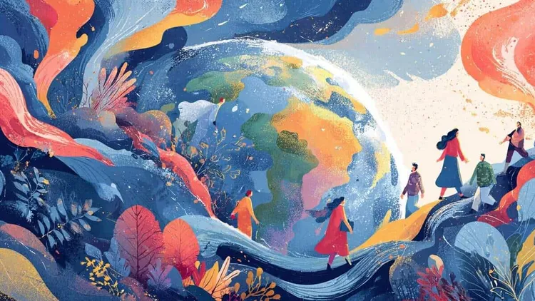 People walking around a colourful, artistic Earth illustration.