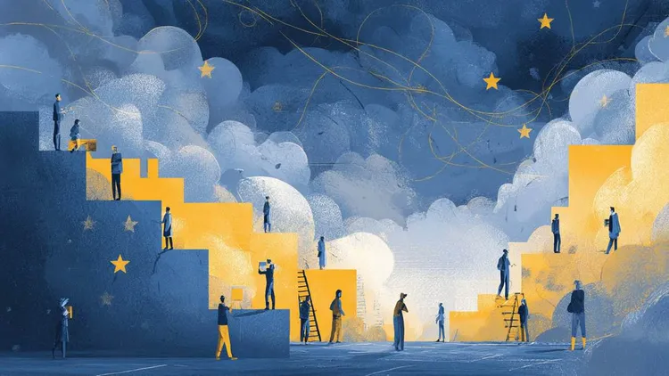 People climbing yellow stairs towards the sky, social and economic progress.
