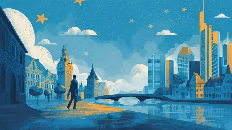 Cityscape with river, historic and modern buildings, and a person walking.