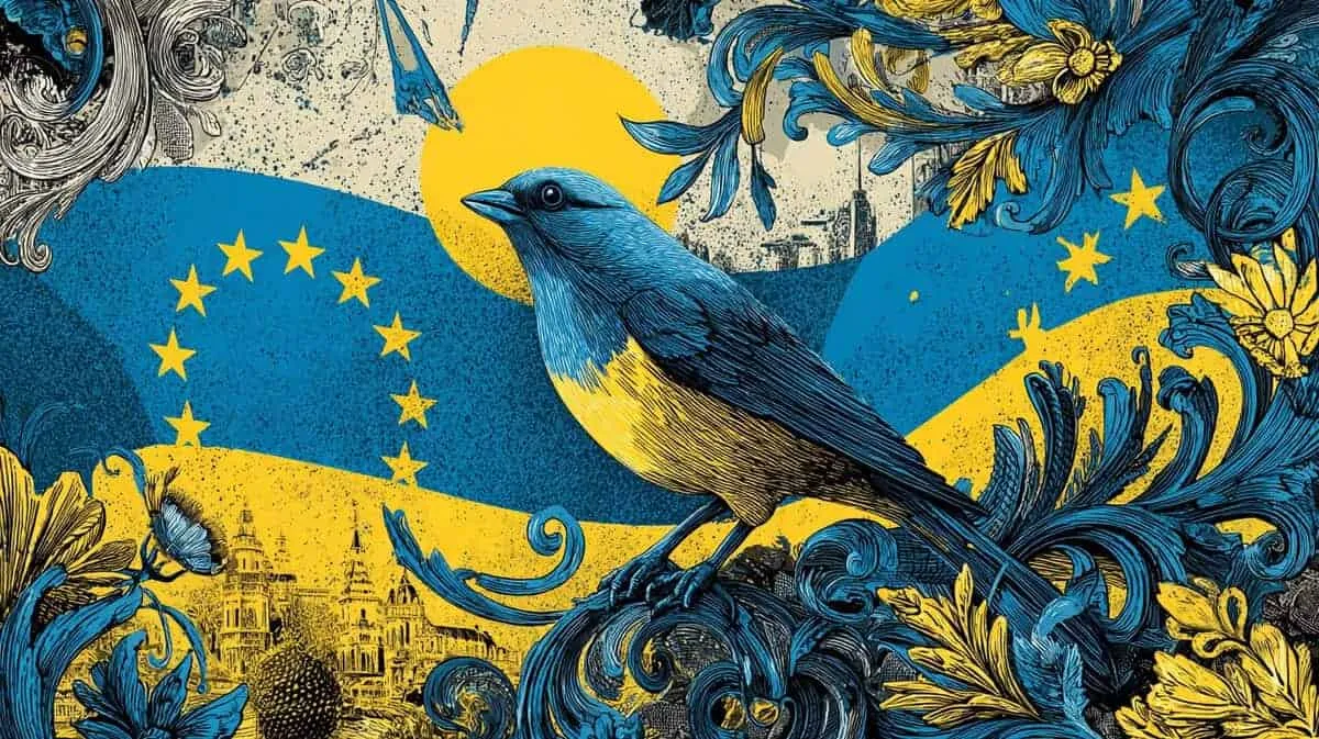 Blue and yellow bird with EU stars and floral motifs.