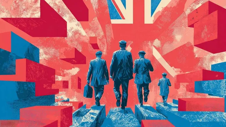 Group of men walking towards Union Jack flag, political illustration.