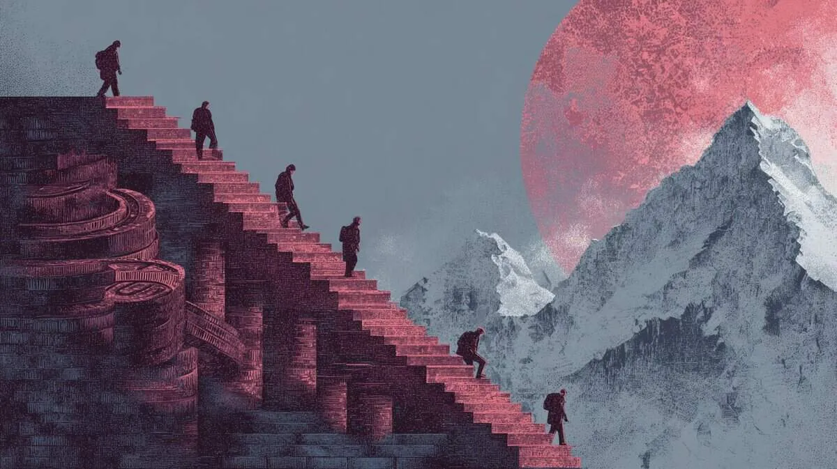 Climbers ascending mountain stairs, traditional Asian landscape background.
