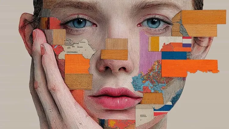 Woman with map and wooden blocks on her face, Europe theme.