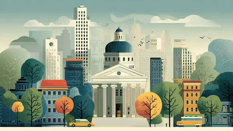 Cityscape with government building — urban scene with trees and buses.