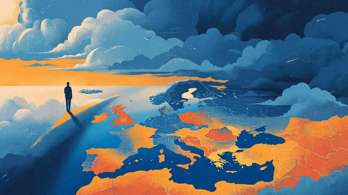 A person overlooking a stormy sea and climate map of Europe.