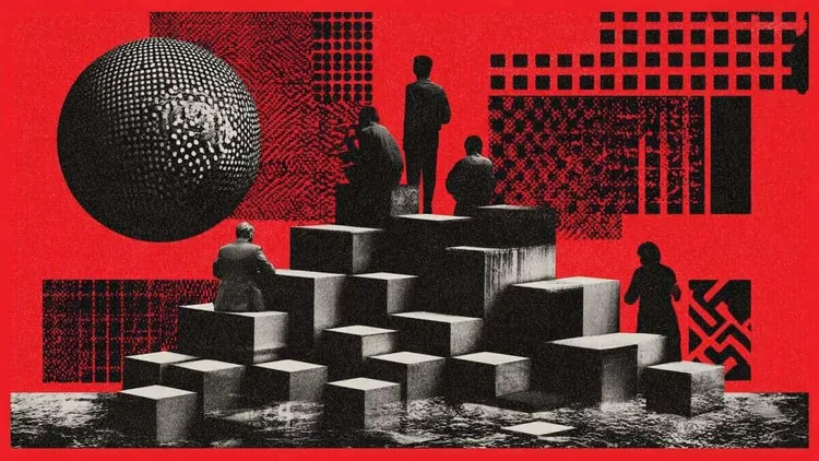 People on steps with geometric background, social inequality theme.