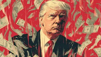 Illustration of Donald Trump surrounded by flying dollar banknotes on a red background.