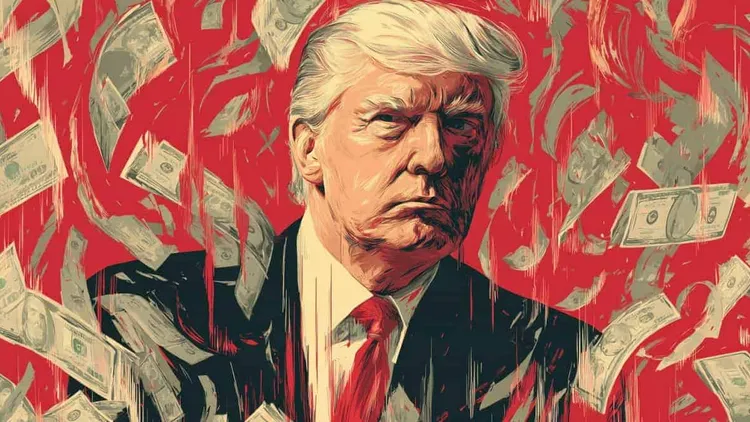Illustration of Donald Trump surrounded by flying dollar banknotes on a red background.