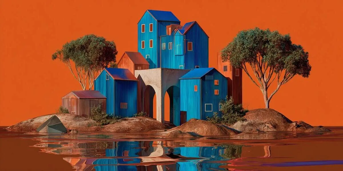 Colourful houses on a small island.