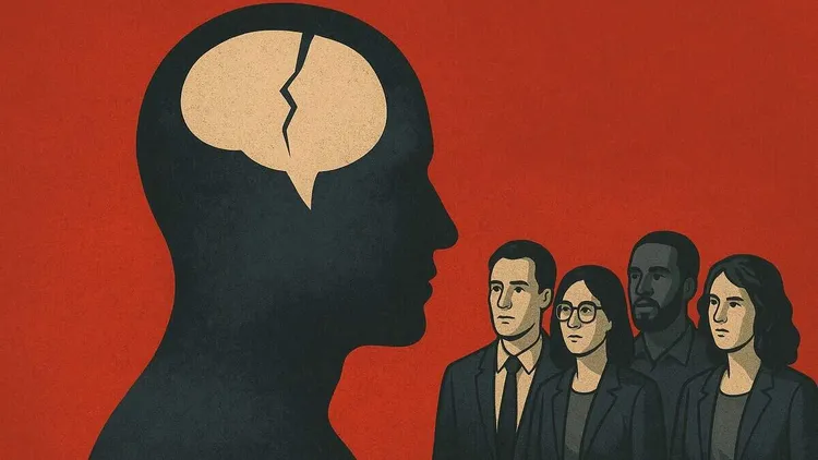 Silhouette of a head with a cracked brain, facing four diverse individuals.
