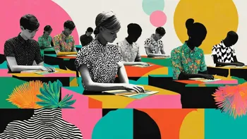 Students using tablets in a colourful classroom setting, diverse group, focused on learning.