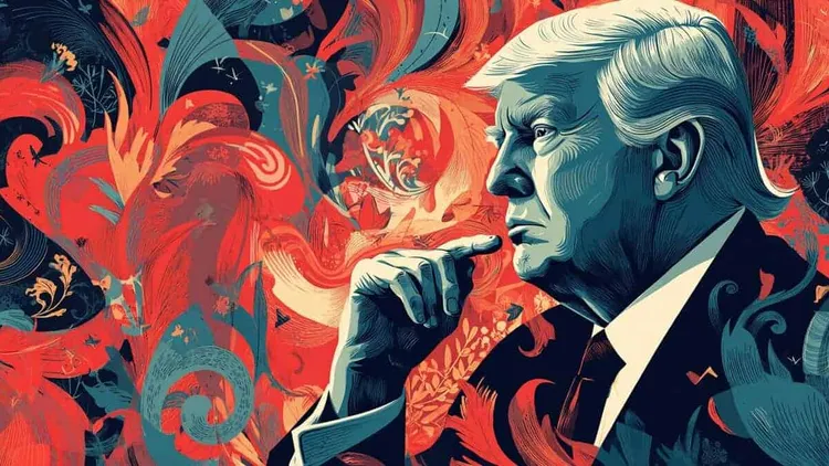 Illustration of Donald Trump in profile with a raised finger, against red swirling patterns.