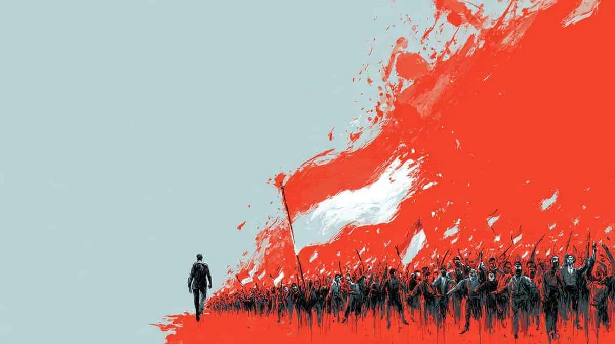 Protester with Polish flag and crowd.