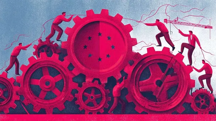 Illustration of people working together on large gears, EU flag in the centre.