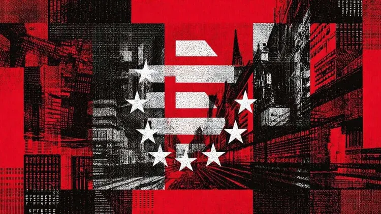 European Union flag with cityscape.
