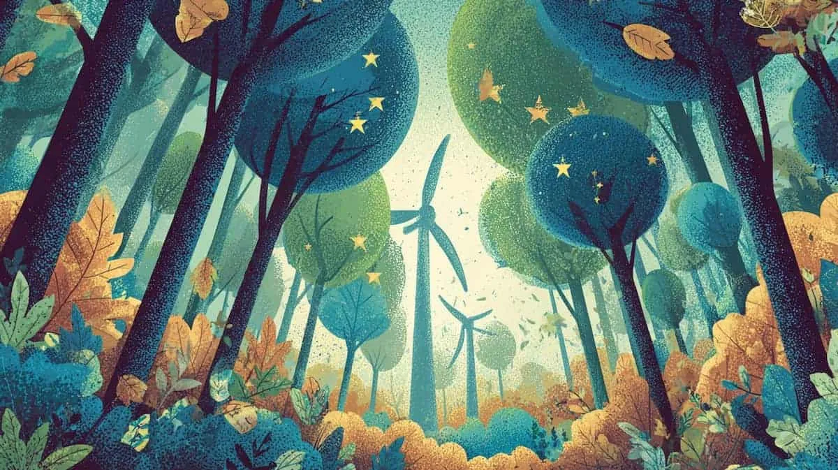 Wind turbines in a forest with trees and leaves, eco-friendly energy concept.