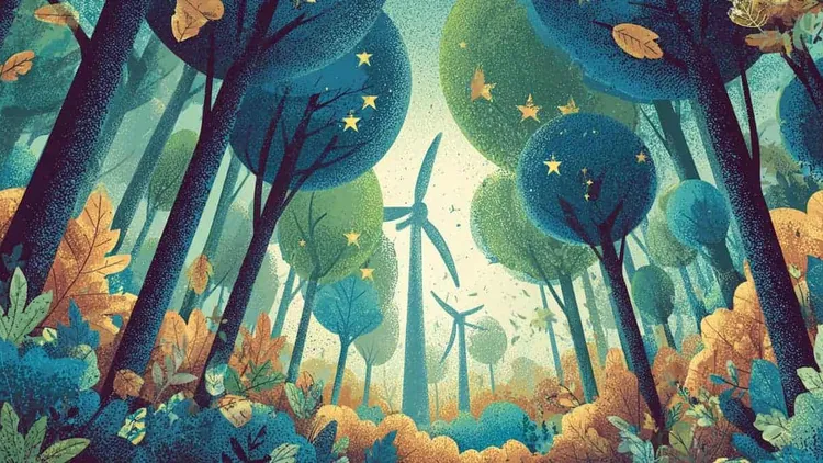 Wind turbines in a forest with trees and leaves, eco-friendly energy concept.